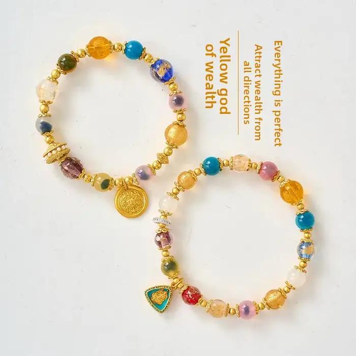 Ins Zakilam Bracelet demi-sucre coeur Agate main chaîne coloré feuille d'or verre jaune dieu de la richesse coeur malédiction trésor chanceux