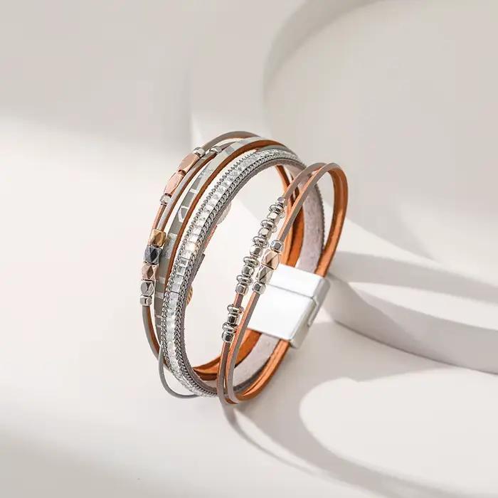 Bracelets en cuir multicouches bohème pour femmes, mode vintage, bracelet perlé, bijoux créatifs faits à la main, cadeaux porte-bonheur féminins