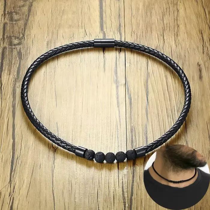 Collier ras du cou pour hommes, colliers en cuir tressé Rock de lave, bijoux Boho Hippie pour hommes, colliers de Surf diffuseur d'huile en noir