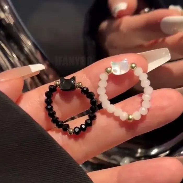 1/2 pièces anneau perles minimaliste doigt jouet anneau mignon noir et blanc chat forme anneau pour hommes et femmes accessoires de fête bijoux