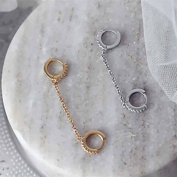 Boucles d'oreilles en argent Sterling 925 pour femmes, 1 pièce, Piercing à deux trous, cristal brillant, Zircon, 2 couleurs métalliques, chaîne, bijoux de fête
