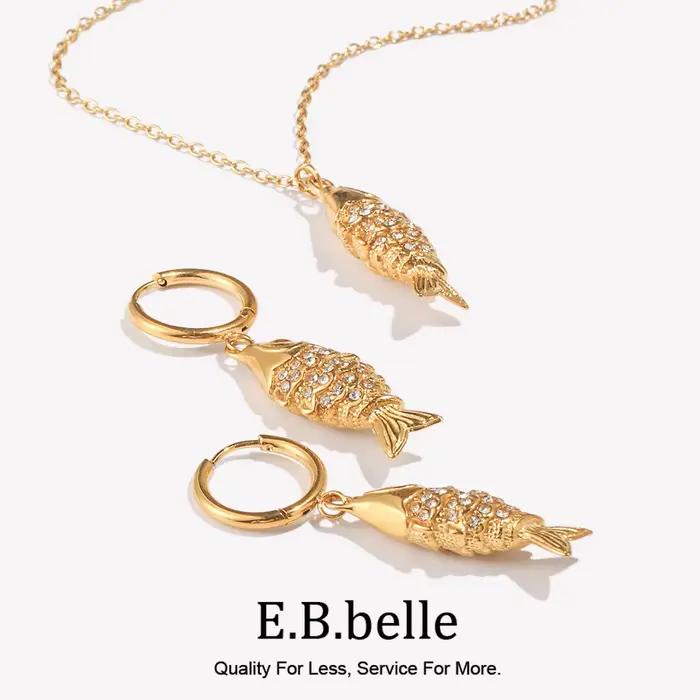 E.B.belle strass Koi poisson collier boucle d'oreille ensemble de bijoux en acier inoxydable mignon mode Animal charme étanche plaqué or 18 carats