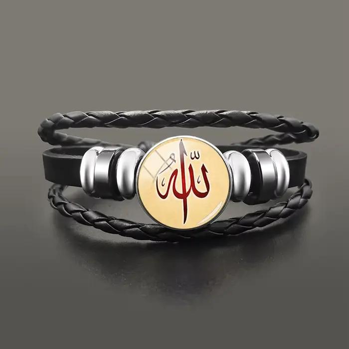 Bracelet à breloques Allah musulman islamique, dôme en verre, bouton-pression, Bracelets en cuir, accessoires bijoux islamiques