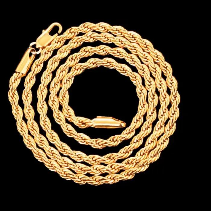 Ventes chaudes Collier chaîne en corde ronde de 18 à 24 pouces (45 à 60 cm) en or 18 carats de 4 mm pour femmes et hommes, mode personnalisée, mariage, fête, streetwear, bijoux