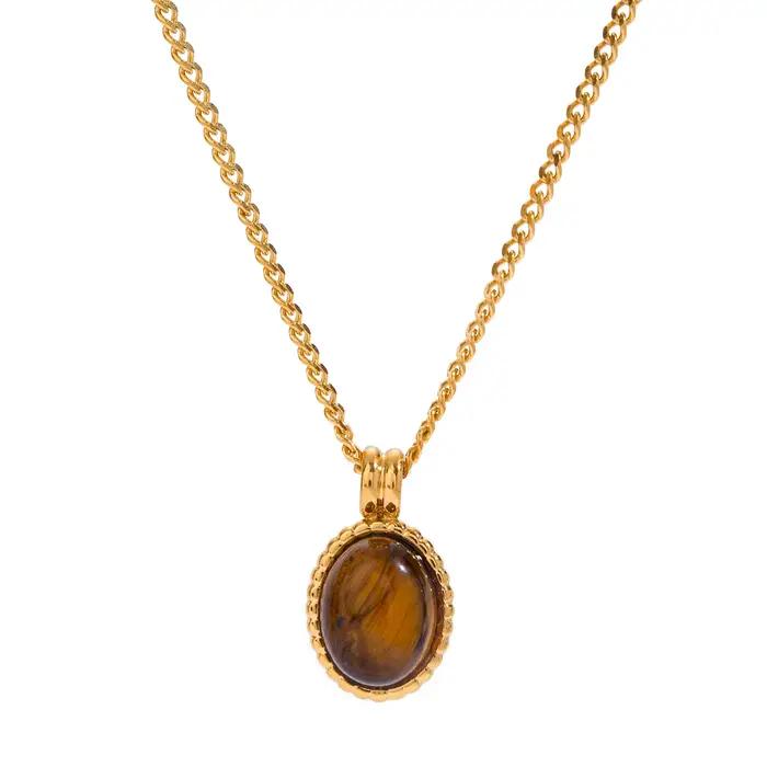 Zora – collier avec pendentif ovale en pierre d'oeil de tigre, en acier inoxydable plaqué or 18 carats, bijoux étanches