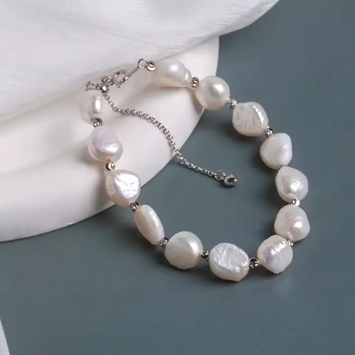 Bracelet en perles d'eau douce baroques et boutons de 9 à 13 mm pour femmes, plaqué argent, bijou unique et élégant, idée cadeau