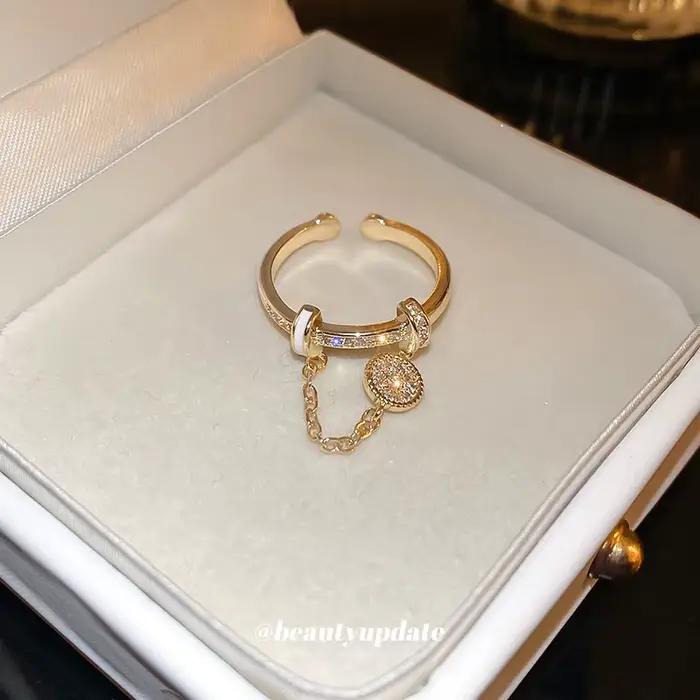 Bague ajustable à pampilles circulaires en zircon et diamant, avec détails goutte d'huile, pour femme, accessoire de fête luxueux et tendance