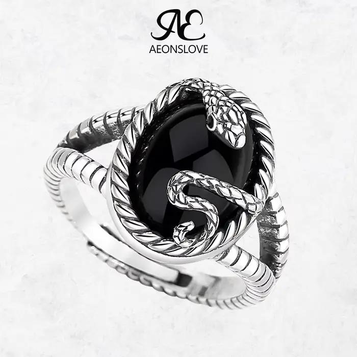 AEONSLOVE 925 bague serpent réglable en argent Sterling bague en obsidienne ovale Vintage bijoux païens cadeaux personnalisés pour hommes femmes