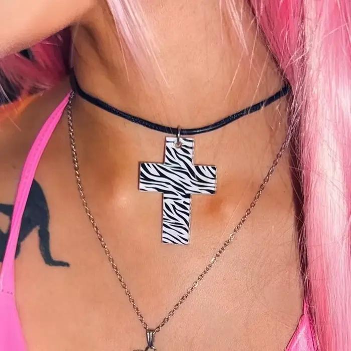 Y2K – bijoux en acrylique imprimé léopard, croix imprimée zèbre pour femmes, Cool Kawaii, mignon, mode, collier Sexy, accessoires Punk gothiques