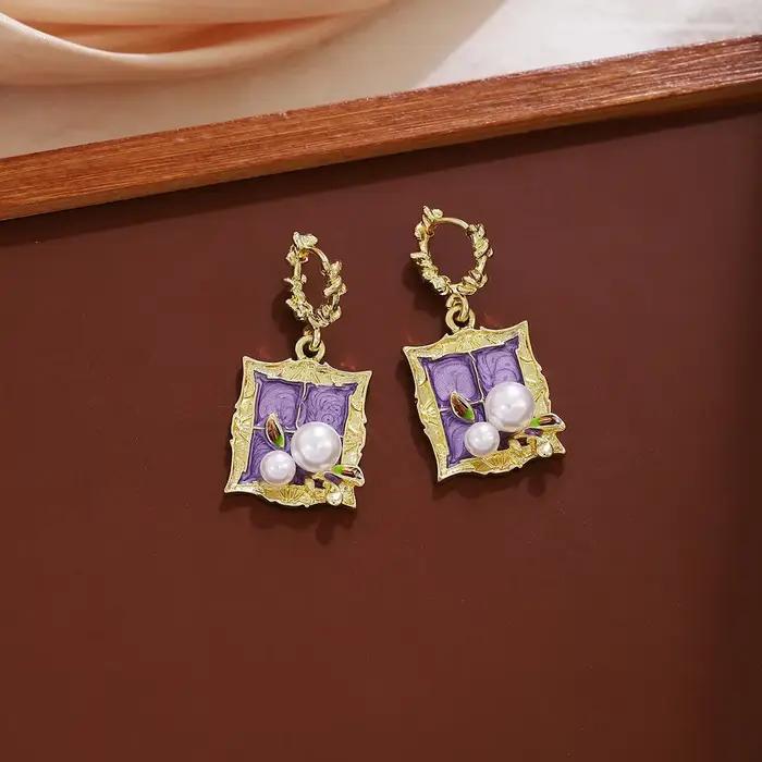 Boucles d'oreilles en perles style peinture à l'huile Jardin de Monet, violettes, pour femmes, bijoux vintage de luxe haut de gamme, style cour.