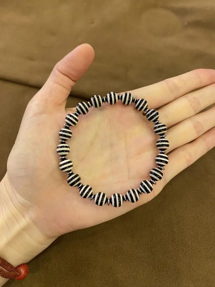Bracelet en agate rayée noir et blanc, style tibétain
