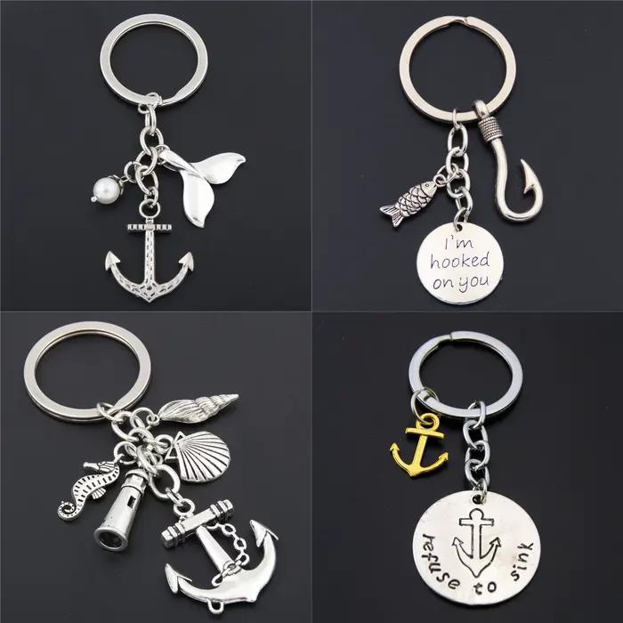 Porte-clés de pêche en hameçon, 1 pièce, poisson de plage, ancre, phare, breloques, bijoux d'été, cadeau