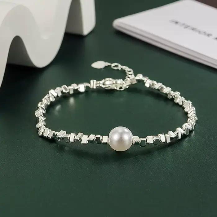 ANENJERY-Bracelet en Argent Cassé avec Perles pour Femme, Bijoux de Luxe à la Mode, Cadeaux de Mariage, Vente en Gros