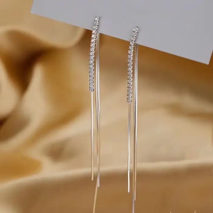 Boucles d'oreilles longues en Zircon pour femmes, couleur or argent, chaîne à pampilles en fil, goutte d'oreille, ligne d'oreille suspendue, bijoux cadeaux, vente en gros