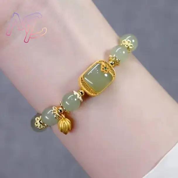 Bracelet Lotus en Jade véritable, breloque de styliste, pierres précieuses, bijoux naturels, amulette, Talismans à la mode, accessoires, perles, Agate