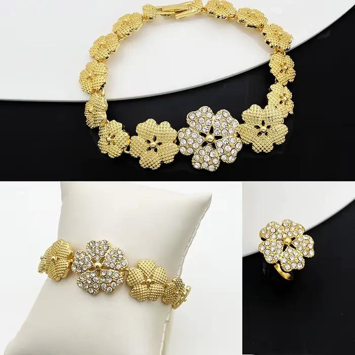 Ensembles de bijoux de Dubaï et du Nigéria pour femmes, design de luxe, cinq pétales de fleurs, pendentif, collier, boucle d'oreille, bracelet et bague
