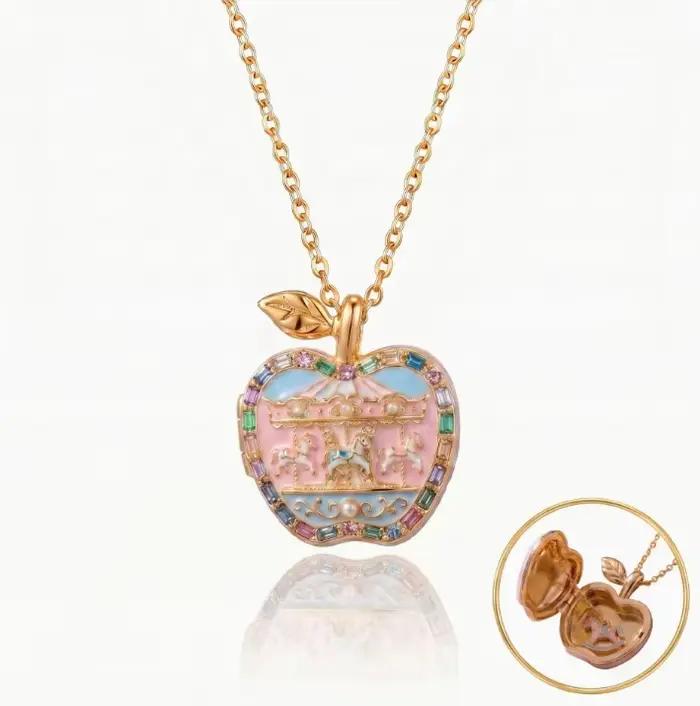Collier pendentif boîte à ouverture et fermeture en forme de pomme rose doré pour femmes et filles, style ballet simple, mignon et amusant, accessoire de bijouterie