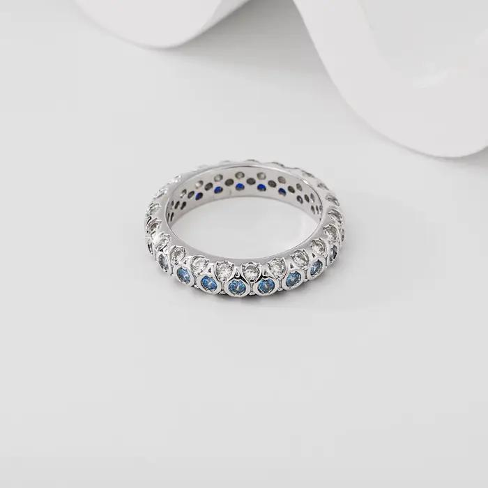 Bague éternité complète en argent sterling 925 avec saphir bleu synthétique pour femme, alliance empilable, bijou de fiançailles et de promesse