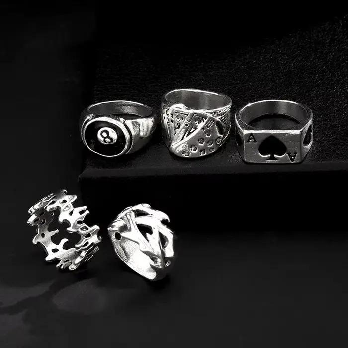 6 pièces Punk Poker Joker couleur argent anneaux pour hommes Goth squelette billard ensemble Couple Emo mode bijoux Anillos Hombre