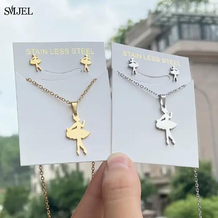 Boucles d'oreilles de Ballet dansante pour femmes et filles, colliers de ballerine à la mode, couleur or, ensemble de bijoux en acier inoxydable, accessoires, cadeau de Sport en Club
