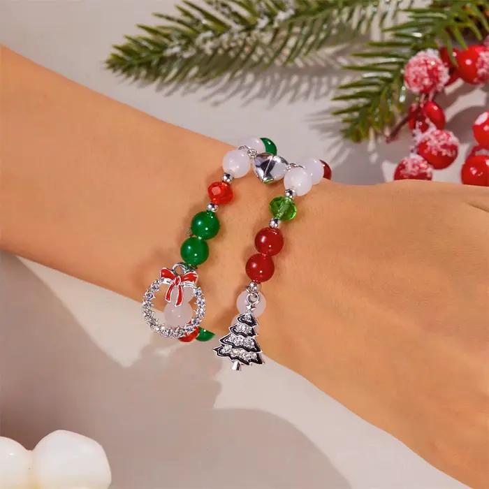 Bracelet de couple de perles de cristal de Noël pour femmes et hommes, vert, rouge, père Noël, arbre, coeur, perles de verre magnétiques, bracelet, bijoux de Noël