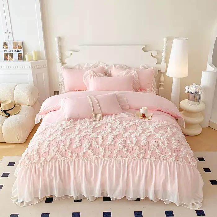 Parure de lit rose avec dentelle pour filles, ensemble de housse de couette de Style princesse, ensemble de draps à fleurs en dentelle, ensemble de literie simple/Queen/King