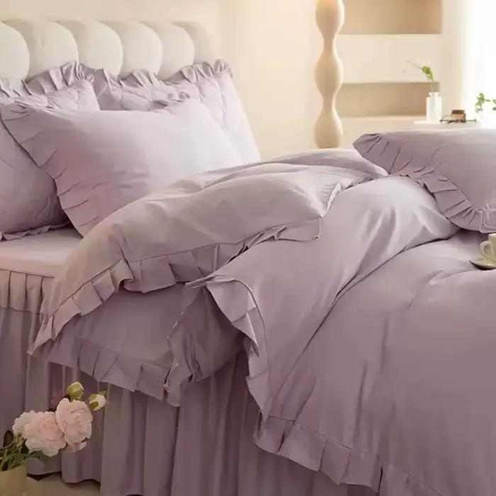 Ensemble de quatre jupes de lit entièrement en coton, couleur unie, housse de couette Simple en dentelle, applicable universelle dans toutes les saisons, antibactérien