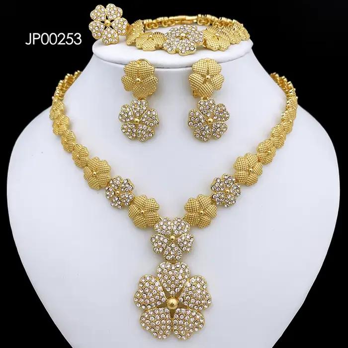 Ensembles de bijoux de Dubaï et du Nigéria pour femmes, design de luxe, cinq pétales de fleurs, pendentif, collier, boucle d'oreille, bracelet et bague