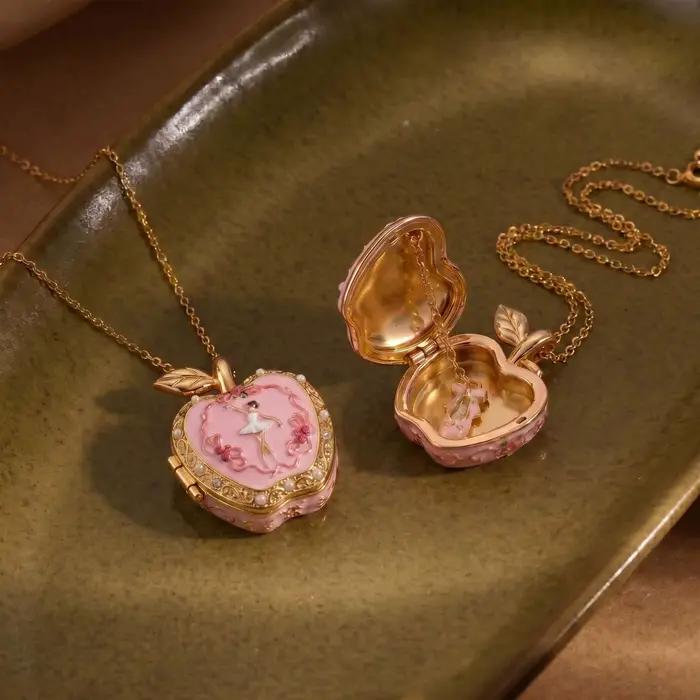 Collier pendentif boîte à ouverture et fermeture en forme de pomme rose doré pour femmes et filles, style ballet simple, mignon et amusant, accessoire de bijouterie