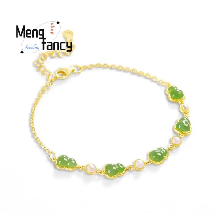Bracelet incrusté de gourde en Jade Hetian, vieux matériau naturel, en argent S925, bijoux à la mode de haute qualité, cadeau de vacances populaire de luxe pour Couple