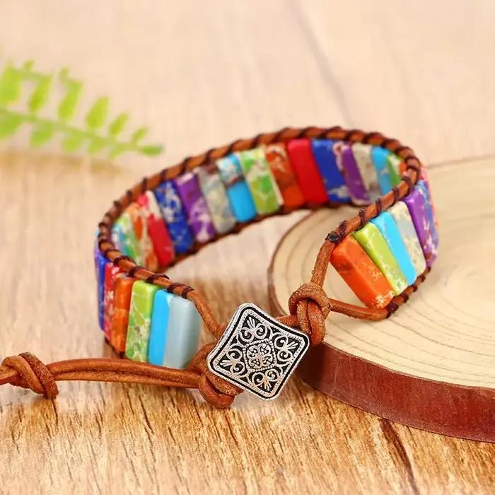 Bracelet en pierre d'empereur coloré pour hommes et femmes, 7 Chakra, corde tressée, Bracelet de poignet tissé, bijoux à la mode, cadeau