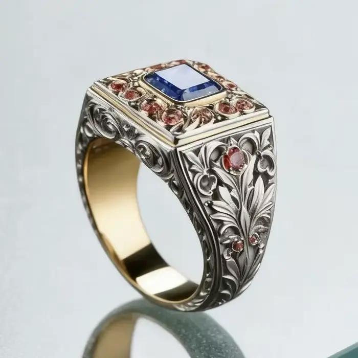 Nouvelle bague en alliage écologique - Design rétro luxueux bicolore électro-plaqué, diamant coloré, accessoire de mode pour femmes