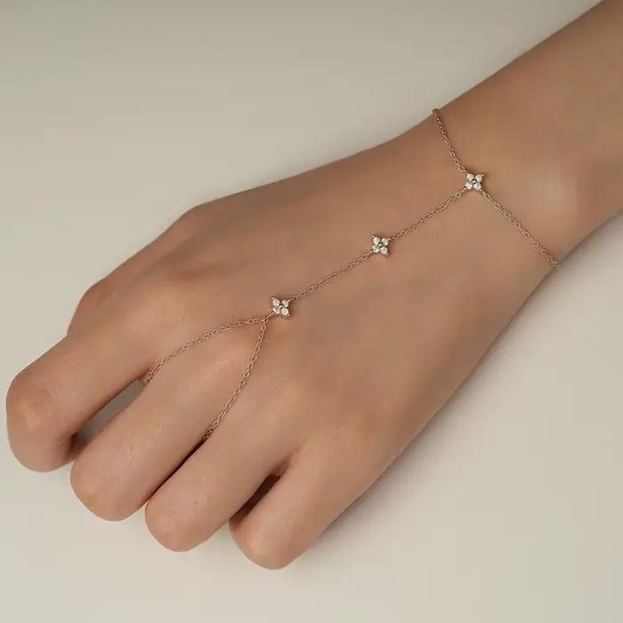 Bracelet Lnkry en Moissanite Certifiée 2,5 mm, Plaqué Or 14 carats, Motif Fleur à Quatre Feuilles, avec Anneau et Chaîne de Main, Bijoux Empilables