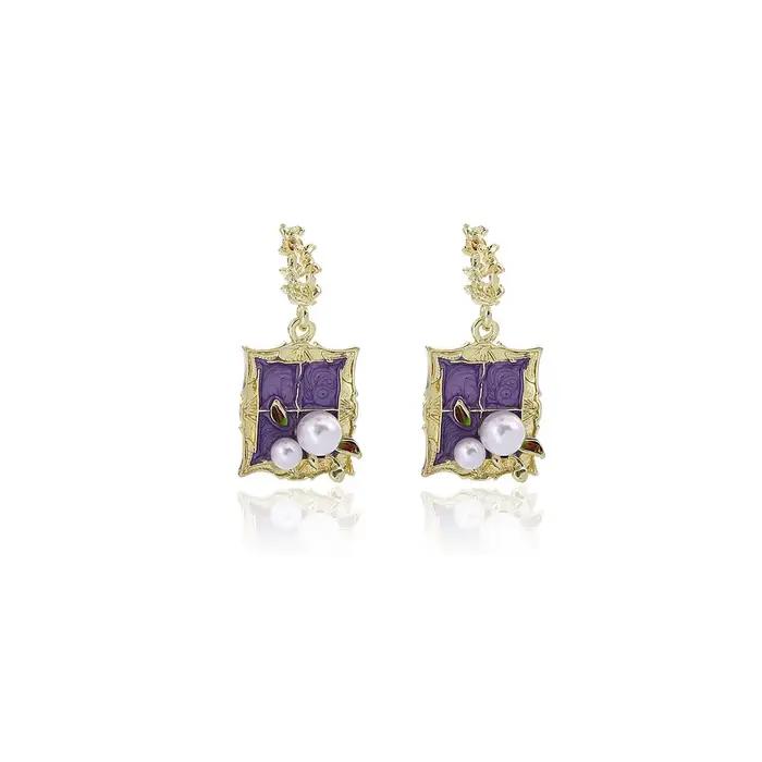 Boucles d'oreilles en perles style peinture à l'huile Jardin de Monet, violettes, pour femmes, bijoux vintage de luxe haut de gamme, style cour.