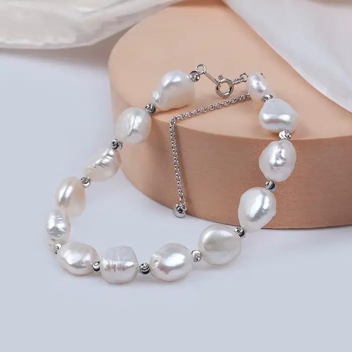 Bracelet en perles d'eau douce baroques et boutons de 9 à 13 mm pour femmes, plaqué argent, bijou unique et élégant, idée cadeau