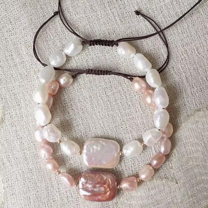 Mode Naturel D'eau Douce Perle Bracelets Rectangle Carré Baroque Perle Charme Guérison Vraies Perles Brin Bracelets pour Les Femmes