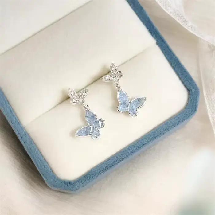 Bracelet papillon luxueux et brillant en zircon pour femmes, collier double papillon en strass bleu, ensemble boucles d'oreilles, bijoux de fête