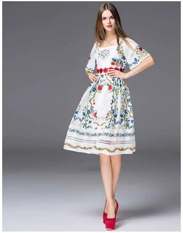 Robes de piste élégantes pour femmes, encolure carrée, manches courtes, imprimé Floral, broderie, High Street
