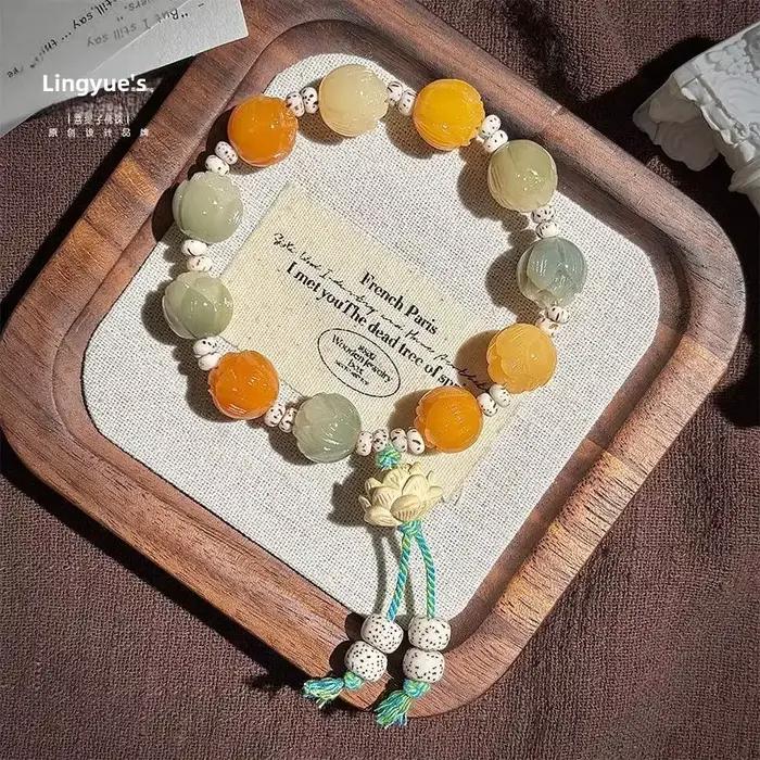 Duobao – Bracelet porte-bonheur en forme de Lotus sculpté pour hommes et femmes, poignet riche en fleur de Lotus, corde à main naturelle Bodhi, bijoux portables