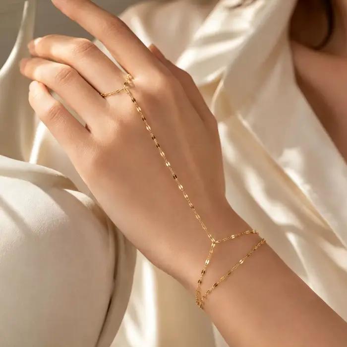 Bracelets de main minimalistes de luxe plaqués or pour femmes, bracelet à chaîne fine avec anneau de doigt, bijoux élégants en acier inoxydable