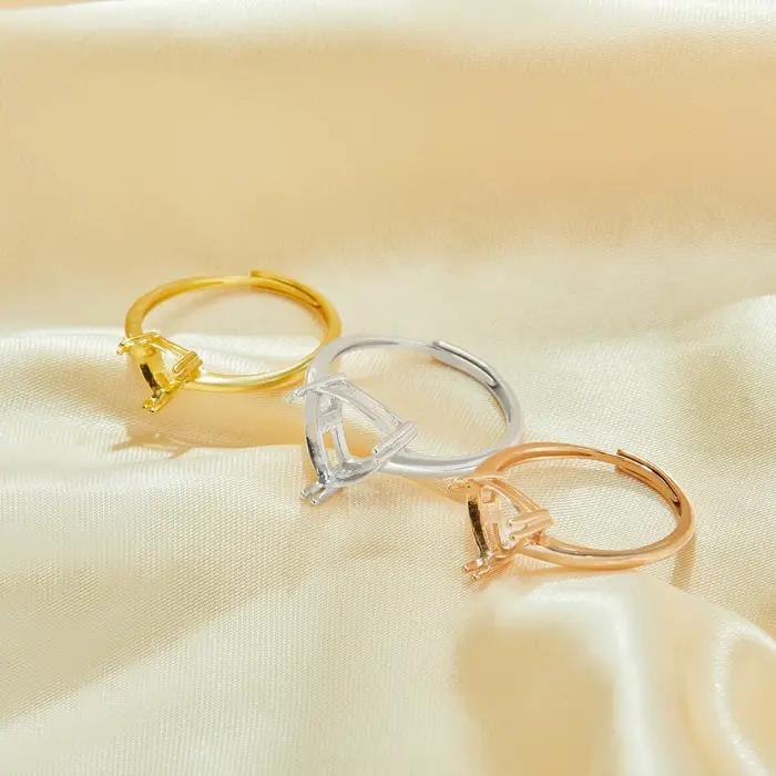 Paramètres de bague à griffes triangulaires, bague plaquée or rose en argent sterling 925 massif, bague triangulaire minimaliste, fournitures de bague de bricolage 1295067