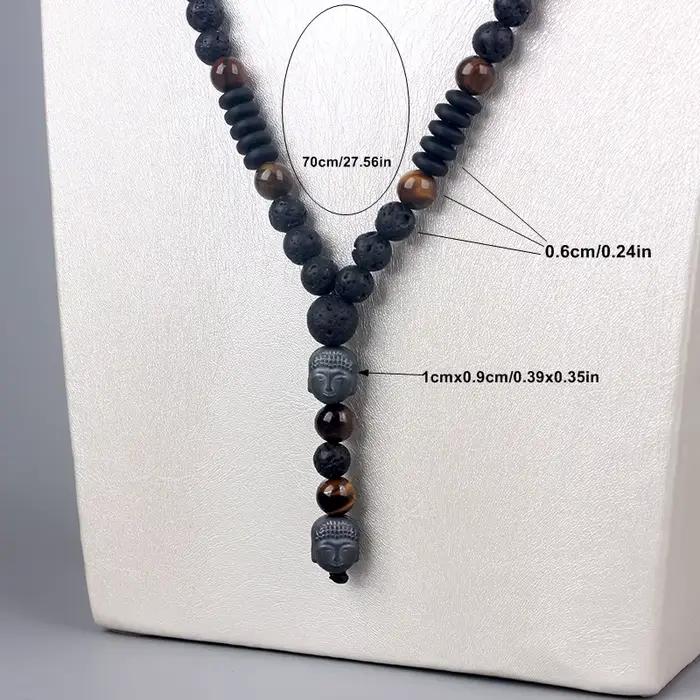 Collier perlé œil de tigre pour homme et femme, pierre de lave, pendentif tête de bouddha, 6mm