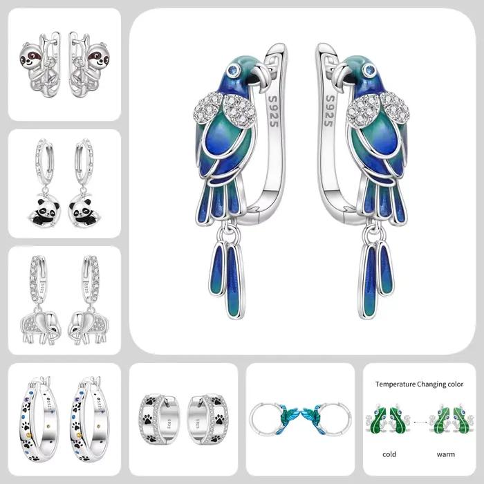 Boucles d'oreilles en argent sterling 925, élément animal, éléphant, panda, oiseaux, perroquet, bijoux originaux pour femmes, cadeau de fête