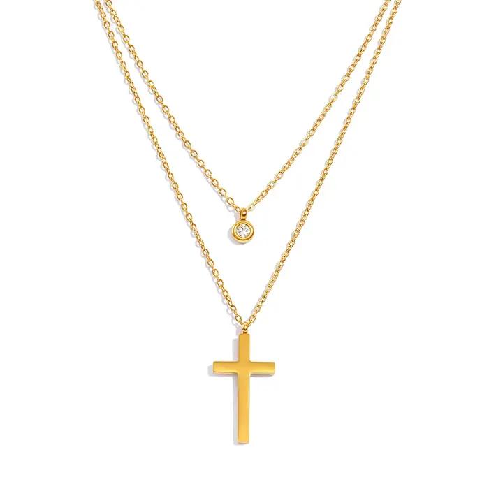Collier superposé pour femme, double pendentif empilable avec CZ et croix, bijoux tendance en acier inoxydable, étanche et hypoallergénique