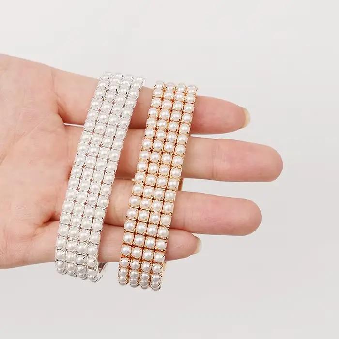 Bracelets classiques à 4 rangées de perles pour femmes, bracelets élastiques pour patients de mariage, bijoux en or et argent