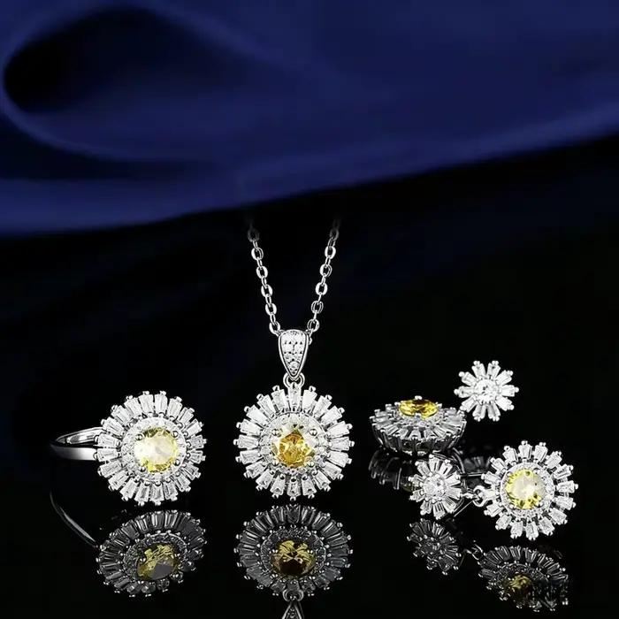 Ensemble de bijoux en argent Sterling 925 tournesol plein de Zircon brillant, bijoux de luxe légers et élégants