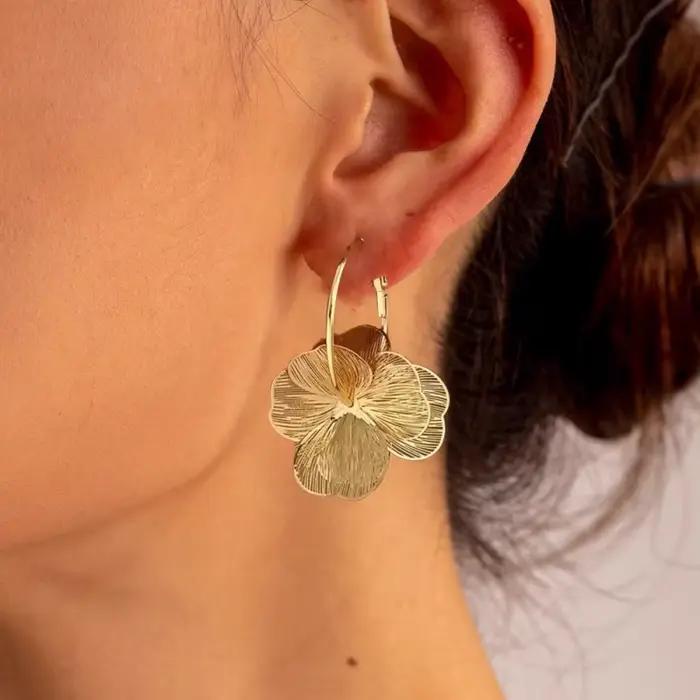 Boucles d'oreilles créoles dorées à fleurs creuses Double couche pour femmes, Vintage, idéales pour un usage quotidien, accessoires de bijoux