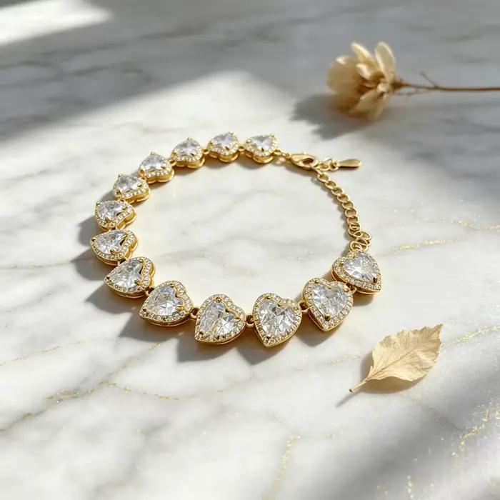 Bracelet chaîne tennis tendance en zircon cœur plaqué or, élégant, pour le quotidien et les fêtes, cadeau pour femme, fille, adolescente