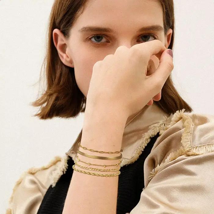 JOLink-Ensemble de bracelets plaqués or pour femme, 5 pièces, en acier inoxydable, empilables, superposables, réglables