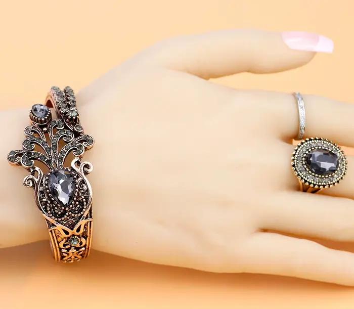 Chaude ronde résine femmes Vintage Bracelet fleur anneau Antique or couleur ethnique Bracelet manchette anneau ensembles de Bijoux turc Bijoux de mariée